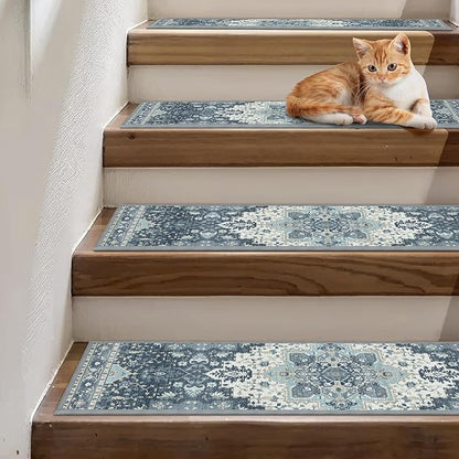Non Slip Stair Treads for Wooden Steps 15PCS - 8"x30" Indoor Safety Carpet, Edging Mats with TPE Adhesive Backing, Pet and Elderly Friendly Stair Rugs (Navy)