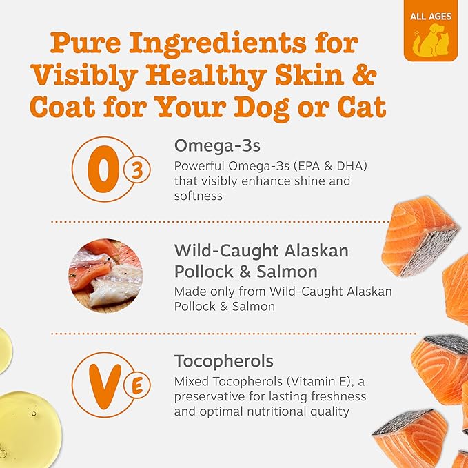 Zesty Paws Wild Alaskan Omega-3 Blend Pollock + Salmon Oil for Dogs and Cats- Skin and Coat Support, Omega 3 Supplement for Pets, 8.5oz