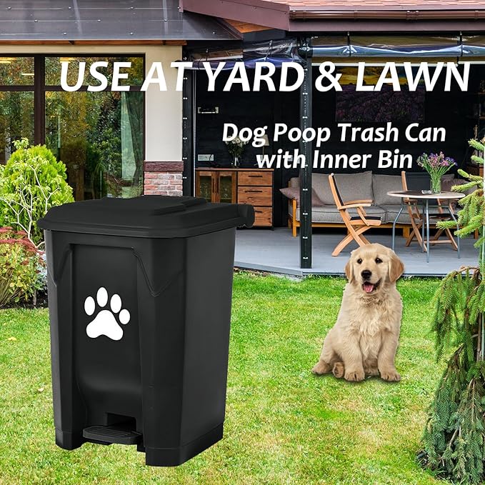 tebiete Dog Poop Trash Can Outdoors Pet Waste Station with Lid Dog Waste Disposal Container with Removable Inner Bin Bucket Hands-Free Pedal Garden Yard Home with Waste Bags, Black
