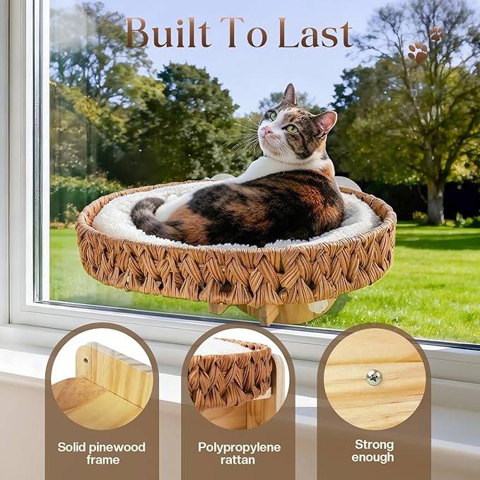 2-in-1 Cat Window Perch and Wall Shelves with Solid Wood, Wicker Window Perch for Cats Inside with 4 Upgraded Suction Cups, 16.1" Washable Cushion Cat Perches Bed for Sleeping and Watching Birds
