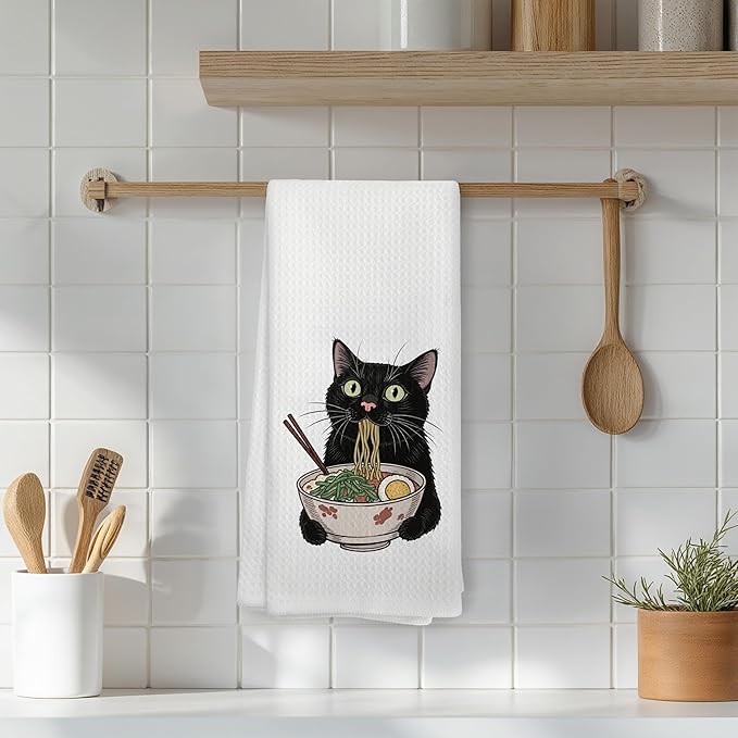 Funny Noodle Black Cat Kitchen Towels, Black Cat Mom Lady Gifts for Women Dish Tea Towels, Pet Lover Gifts Hand Towels for Kitchen, 16x24 Inch