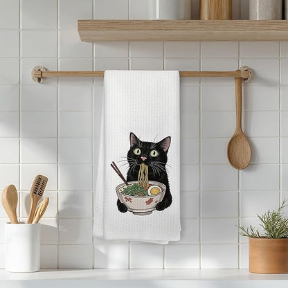 Funny Noodle Black Cat Kitchen Towels, Black Cat Mom Lady Gifts for Women Dish Tea Towels, Pet Lover Gifts Hand Towels for Kitchen, 16x24 Inch
