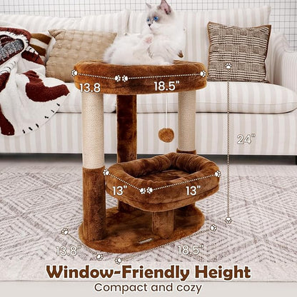 Cat Tree for Indoor Cats, 2-Tier Cat Tower with Padded Donut Beds, Stable Structure, Sisal Scratching Posts & Hanging Ball Toy, Modern Cat Furniture (Mocha Brown)