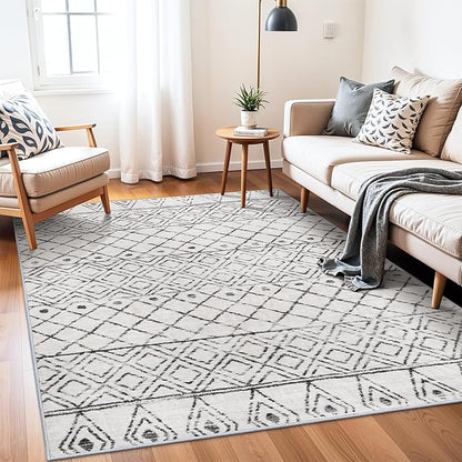 4x6 Area Rug Geometric Moroccan: Washable Non Slip Thin Low Pile Neutral Rugs - Modern Distressed Soft Carpet for Living Room Dining Room Entryway Farmhouse Decor 4x6 Geo Grey