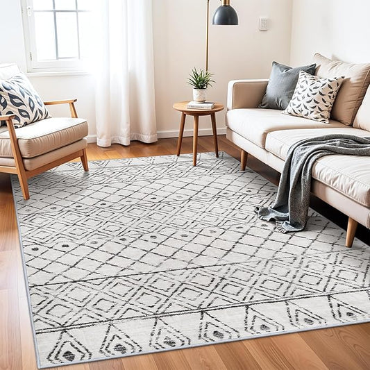 4x6 Area Rug Geometric Moroccan: Washable Non Slip Thin Low Pile Neutral Rugs - Modern Distressed Soft Carpet for Living Room Dining Room Entryway Farmhouse Decor 4x6 Geo Grey