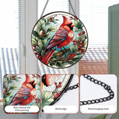 Cardinal Stained Glass Window Hanging Decor, 7.8″ Sun Catchers Stain Glass Window Hanging Indoor, Bird Suncatcher Home Wall Art Gift for Thanksgiving Christmas Housewarming