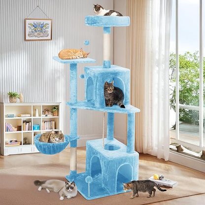 Cat Tree, 54-Inch Cat Tower for Indoor Cats, Soft Plush Multi-Level Climbing Cat Condo with Scratching Posts, Basket, Perches,2 Caves,2 Pompoms Play House for Cat(Blue)