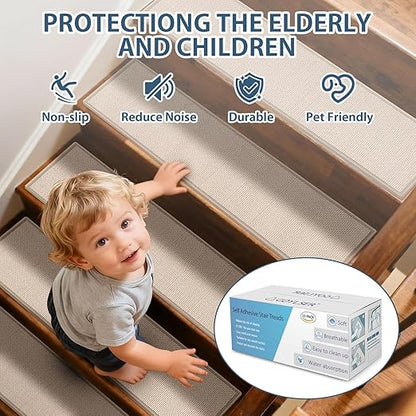 Peel and Stick Adhesive Stair Treads for Wooden Steps Indoor Set of 15 Pack, Rubber Backed Non Slip Jute Stair Rug Step Pads for Pet Dog, Elders and Kids, Beige