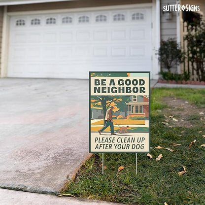 2pk Clean Up After Your Dog Signs | No Dog Poop Signs for Yard Lawn | Corrugated Plastic with H-Frame Metal Stakes, 9" x 12"