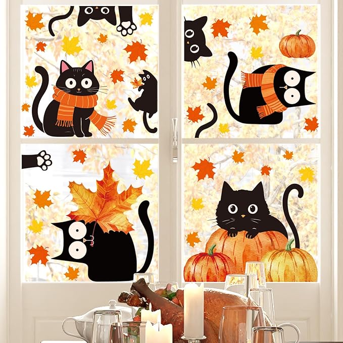 Whaline 6 Sheets Fall Window Clings Cute Black Cat Pumpkin Maple Leaf Reusable Window Decals for Autumn Harvest Thanksgiving Party Supplies Home Classroom Office Decor