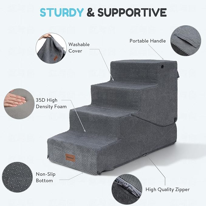 5-Step Dog Stairs and Ramp for Small Dogs and Cats, Pet Steps for High Bed with Non-Slip Bottom, Grey