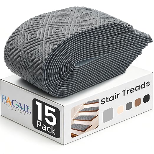 BAGAIL 15 Pack Non-Slip Stair Treads for Wooden Steps, 8"x30" Peel and Stick Carpet Stair Runners, Machine Washable Indoor Step Covers with No-Residue Adhesive for Dogs, Kids & Elderly - Light Gray