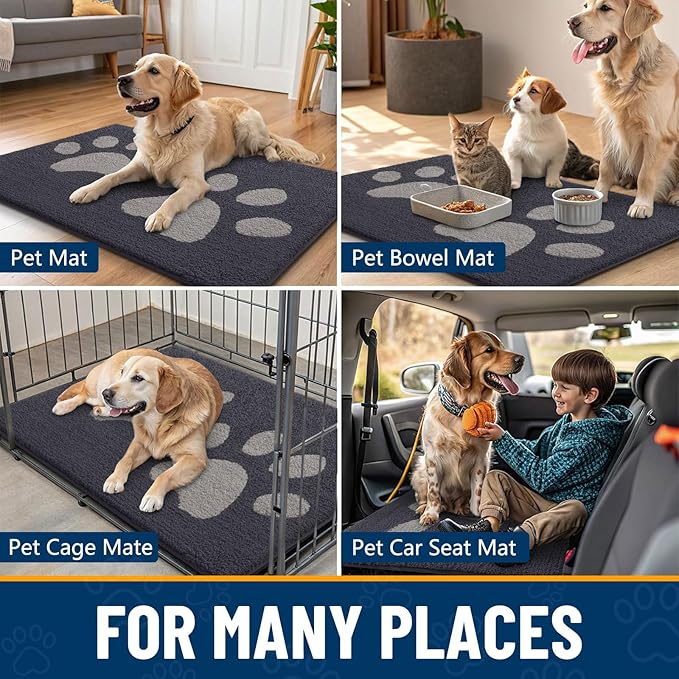 Smiry Dog Door Mat for Muddy Paws, Absorbs Moisture and Dirt, Low-Profile Entryway Mat with Non-Slip Backing, Entry Indoor Outdoor Doormat for Inside Floor (71x47 Inches, Dark Grey, Paw)