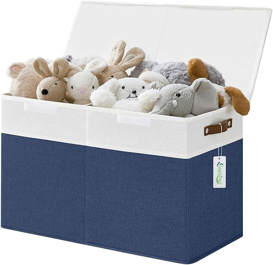 Large Toy Storage Box with Lids, Collapsible Sturdy Baby Storage Organizer Chest Bin Basket for Kids, Boys, Girls, Playroom, Nursery, Bedroom, Closet 25"x13"x16" (Navy Blue and White)