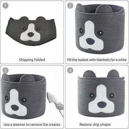Medium Dog Woven Baskets with Handle, Dog Toy Hamper, Cotton Rope Dog Toy Storage Baskets for Pet, Animal Basket for Kids, Baby Gift Baskets for Dog Lovers, Dark Grey