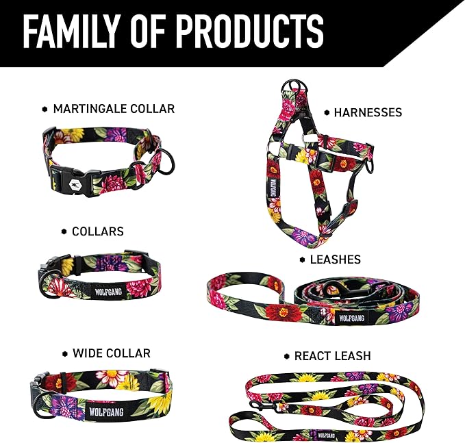 Wolfgang Heavy Duty, Adjustable Dog Collar with Quick Release Nylon Buckle for Walking & Training, DarkFloral Print, Medium