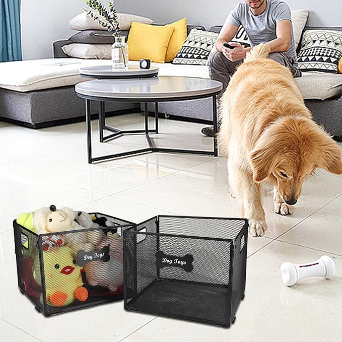 2pack Dog Toy Box, Large Metal Dog Toy Basket-Wire Mesh Basket-Cute Pawprint Dog Bone-Pet Accessory Rust-Resistant Finish-for Cat Toys Organization & Storage