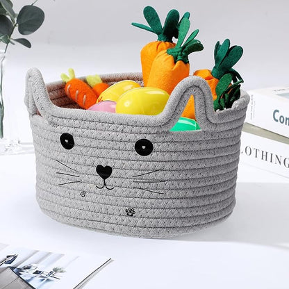 Zopeal Cat Basket Storage Woven Organizer with Ears Easter Decorative Pet Toy Cute Cotton Rope Basket for Gift Cat Dog Toy Bin Nursery Room(8.3 x 4.7 Inch,Light Gray)