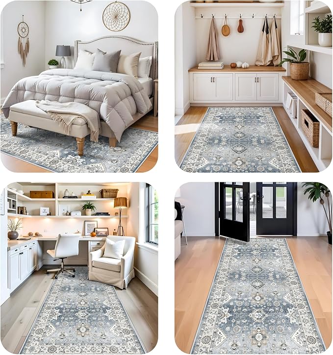Washable 4x8 Hallway Runner Rug: Vintage 8ft Soft Runners for Entry Kitchen Wide Low Pile Carpet with Non-Slip Backing for Living Room Bedroom Thin Bathroom Carpet for Dining Room Foyer (Grey,4x8)