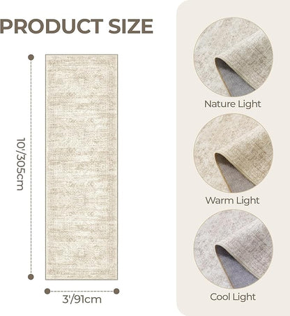 3x10 Runner Rug Non Slip Washable for Entryway, Vintage Hallway Runner for Front Porch, Laundry Room, Bedroom, Abstract Stain Resistant Thin Indoor Kitchen Mats for Floor(3'x10', Beige/Ivory)