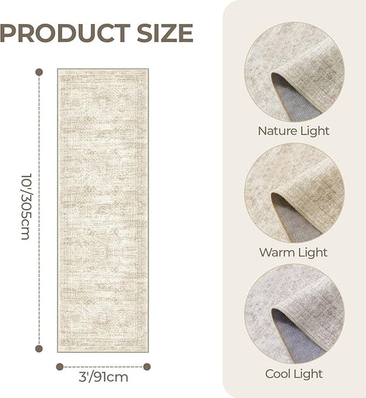 3x10 Runner Rug Non Slip Washable for Entryway, Vintage Hallway Runner for Front Porch, Laundry Room, Bedroom, Abstract Stain Resistant Thin Indoor Kitchen Mats for Floor(3'x10', Beige/Ivory)