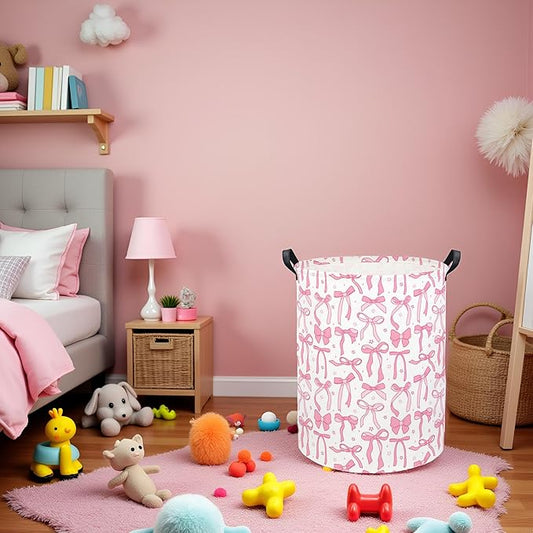 Baby Laundry Basket Kids Hamper Toy Storage Bin for Boys Room Decor Baby Nursery Hamper Gift Baskets for Bedroom Bathroom(Pink Bowknot)