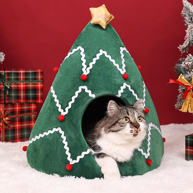 NIBESSER Cat Bed Christmas Tree Cat Tent House Self-Warming 2 in 1 Removable Comfortable Triangle Pet Teepee Xmas Dog Cave in Winter(Green/White)