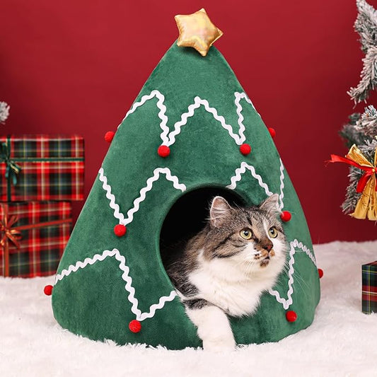 NIBESSER Cat Bed Christmas Tree Cat Tent House Self-Warming 2 in 1 Removable Comfortable Triangle Pet Teepee Xmas Dog Cave in Winter(Green/White)