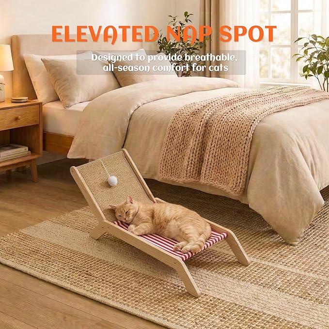 PETKARAY Beach Chair Cat Hammock, Elevated Cat Beds for Indoor Cats, Original Cozy Lounger with Sisal Scratcher and Toy Ball