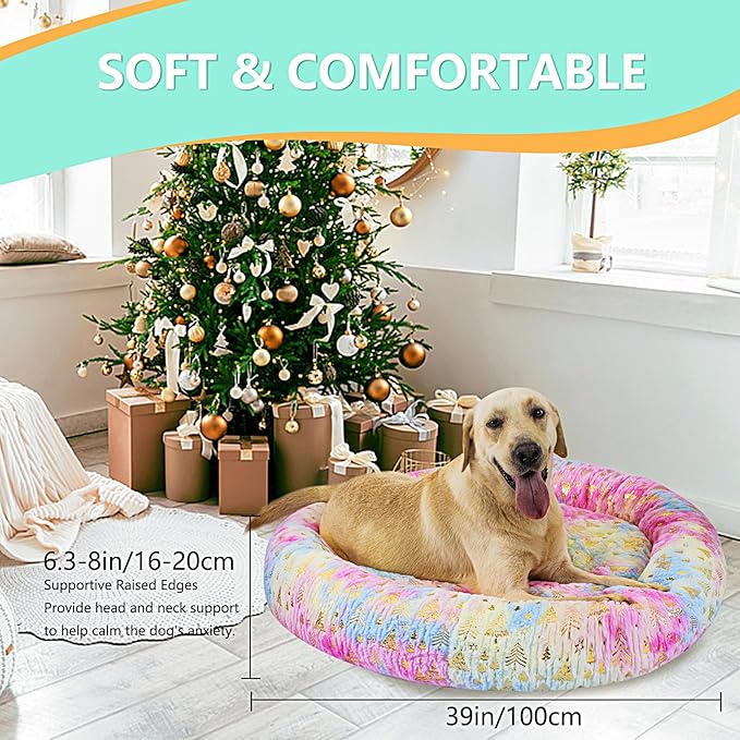 39 Inch Christmas Tree Calming Dog Bed for Large Dogs, Round Anti-Anxiety Warm Bed, Soft Cozy Anti-Slip Donut Washable Pet Bed, Fits up to 100 lbs Pets