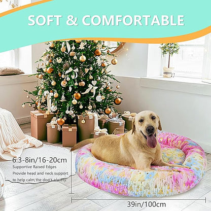 39 Inch Christmas Tree Calming Dog Bed for Large Dogs, Round Anti-Anxiety Warm Bed, Soft Cozy Anti-Slip Donut Washable Pet Bed, Fits up to 100 lbs Pets