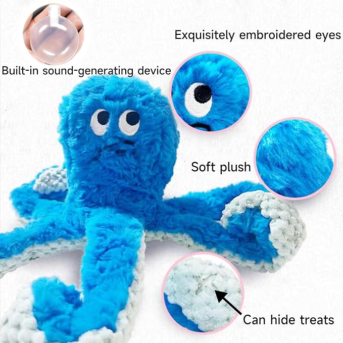TRAVEYO Blue Octopus Dog Toys with Squeaker, Interactive Pet Toys for Dogs and Cats, Dog Treat Toys with Soft Rope Tentacles with Treat Hiding Pockets, 14.17 Inches
