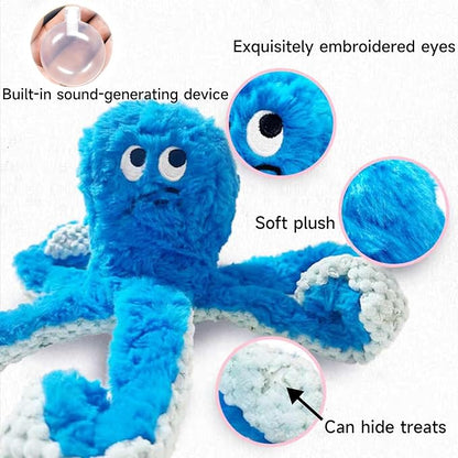 TRAVEYO Blue Octopus Dog Toys with Squeaker, Interactive Pet Toys for Dogs and Cats, Dog Treat Toys with Soft Rope Tentacles with Treat Hiding Pockets, 14.17 Inches