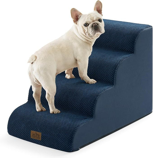 Wide Dog Stairs for Small Dog 19.7" H, Pet Step for Puppy, Older Cat, Curved Ramp for Bed, Durable Anti-Slip Ladder with High Density Foam, 4 Step, 17.7x28x19.7 inch, Navy Blue