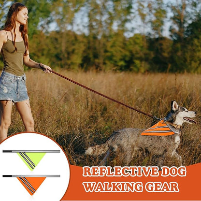 2 Pcs Reflective Dog Bandana with Neon Orange Green Color High Visibility Reflective Dog Scarf Safety Gear Hook and Loop Tape Triangle Bib Accessories for Hunting Walking Camping