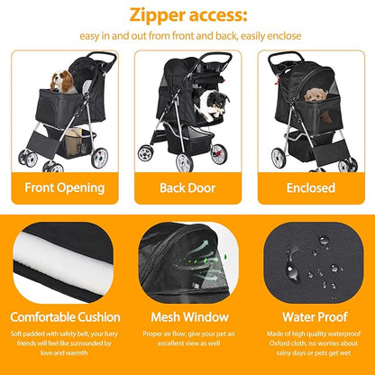 4 Wheels Dog Stroller Folding Pet Strolling Cart for Small Medium Cats Puppies Portable Jogger Travel Camping Puppy Carrier with Storage Basket Cup Holder, Black