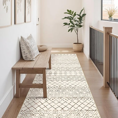 2'6"x8' Washable Hallway Runner Rug - Moroccan Kitchen Non Slip Rug Low Pile Floor Carpet with Rubber Backing Vintage Indoor Mats for Living Room Bedroom Laundry 2'6"x8' Geo Beige