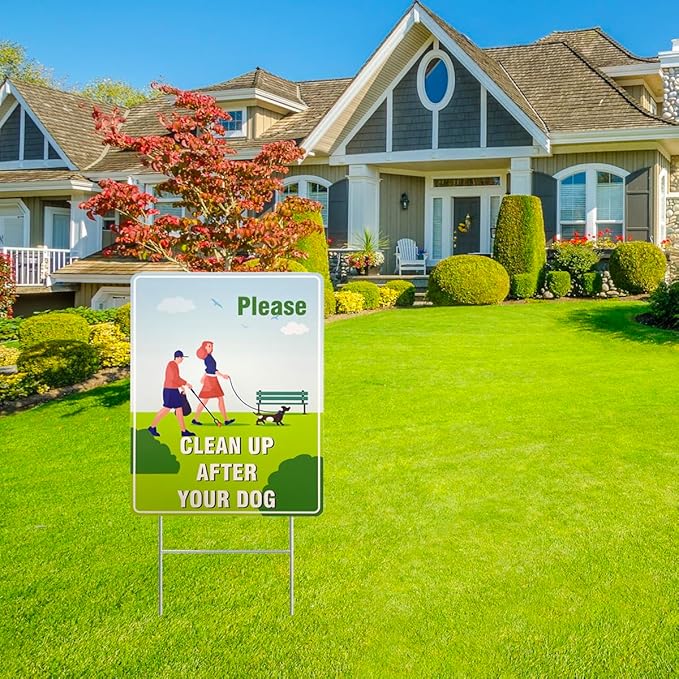 2-Pack Clean Up After Your Dog Signs, 12x9 Inch Double Sided Yard Signs with Metal H-Stakes, Weatherproof & UV Resistant No Pooping Dog Lawn Signs