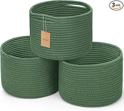 Small Rope Baskets for Storage, Baskets for Gifts Empty, Cute Round Woven Basket, Decorative Shelf Baskets 9.82×9.82×7.1", Cotton Toy Basket Storage Bins for Organizer 3 Packs Green