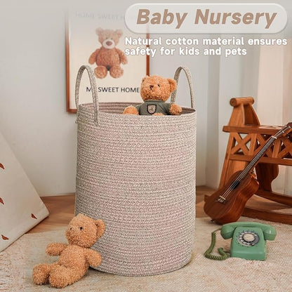 Large Woven Laundry Basket Hamper,60L Cotton Rope Storage Bin for Blankets,Toys and Clothes,Decorative Tall Nursery Hamper for Living Room,Baby Nursery,Bathroom and Bedroom,Oatmeal