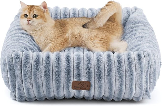 Bedsure ComfyFleece™ Cute Dog Bed for Small Dogs & Cats - Washable Furry Cat Beds, Rectangle Orthopedic Corduroy Fleece Puppy Beds with Removable Zipper Cover, 20x19x6inches, Vintage Indigo