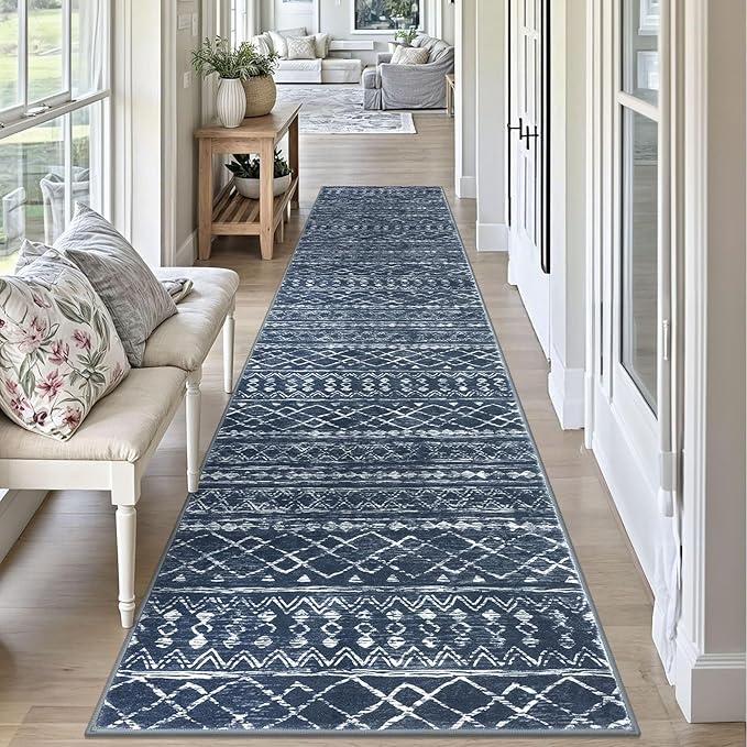KUTA Boho Runners for Hallways 2.6x10 ft Moroccan Washable Runner Rug Non-Slip Vintage Navy Blue Kitchen Rugs Ultra Soft Distressed Geometric Floor Carpet for Bedroom Laundry Living Room