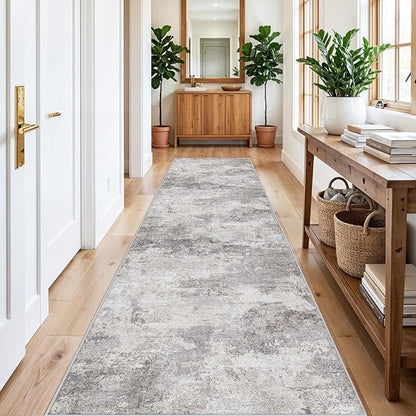 Washable 3x12 Hallway Runner Rug: Washable Non-Slip Carpet for Long Entryways Kitchen Living Room - Abstract Modern Neutral Thin Low Pile Runners 3x12 Grey