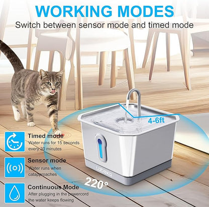 135oz/4L Wireless Cat Water Fountain, [304 Stainless Steel]&[Water and Electricity Separation Safety Design], Pet Fountain for Cats Inside, Innovative Design Easy to Clean for Cats and Dogs (Silver)