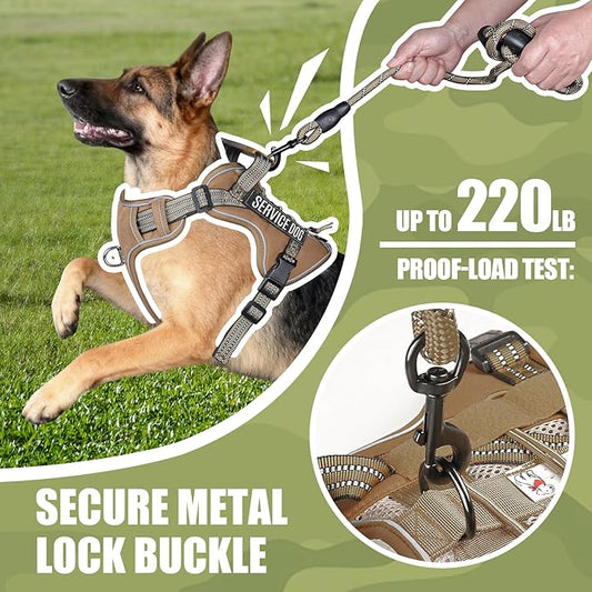 Service Dog Tactical Vest Harness and Leash Set Medium Sized Dog Emotional Support- Tactical Dog Harness Training Collar with Name (Khaki, S)