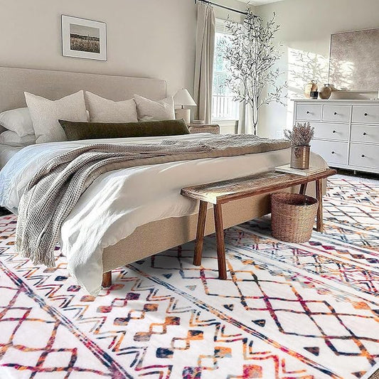 KUTA Boho Living Room Rug 8x10, Moroccan Multi-Color Washable Area Rugs Non Slip, Ultra Soft Print Distressed Geometric Low-Pile Throw Carpet for Bedroom Nursery Dorm Decor