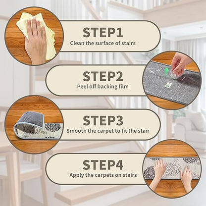 Non-Slip Carpet Stair Treads 15PCS, 8"x30" Peel and Stick Stair Runner for Wooden Steps Indoor, Washable Reusable Adhesive Backing, Pet-Friendly Safety Mats for Kids, Elders, Dogs