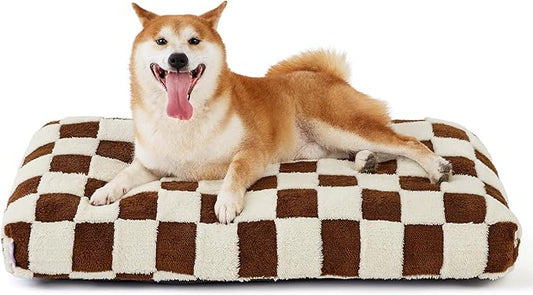 LE SURE Dog Beds Large Sized-Thick Shredded Chopped Foam Checkered Pet Bed as Gift for Indoor as Christmas Bed Gift with Removable Cover, Cute Modern Fuzzy Plush & Anti Slip Bottom, Brown