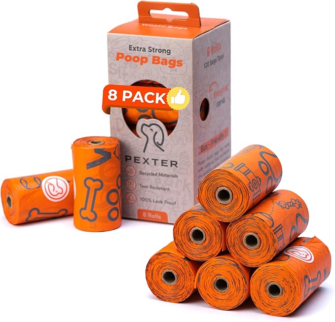 Pexter Dog Poop Bags, Leak-Proof, Strong and Unscented - 8 Pack (120 Bags)