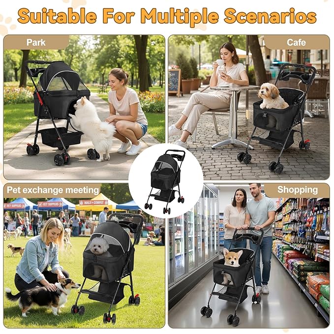4 Wheels Pet Stroller,Dog and Cat Foldable Strollers, Removable Carrier, Breathable Mesh Canopy, Storage Basket and Cup Holder, Lightweight Travel Carrier, Pet Carrying Cart for Walks Outings Shoppin